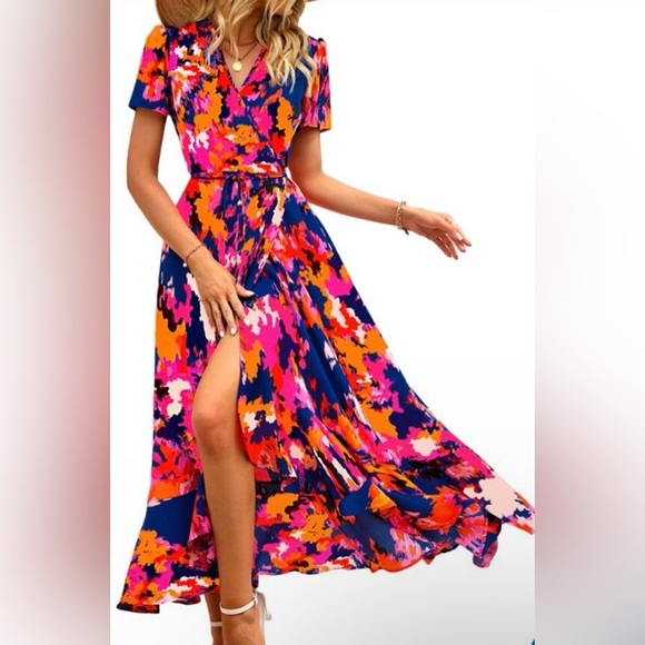 PrettyGarden Dresses & Skirts - Women's High-Low Wrap Maxi Dress in Pink & Navy Floral